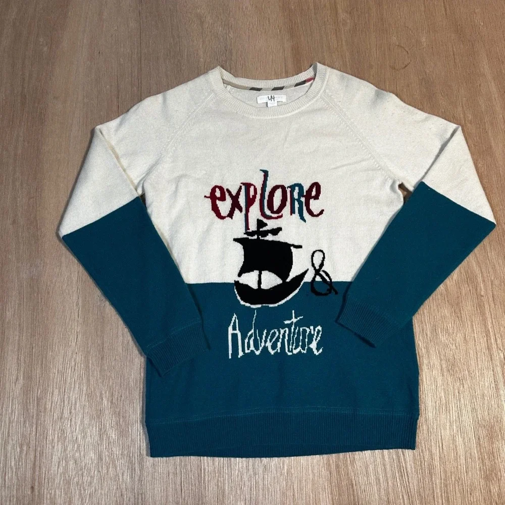 Burberry Kids Cashmere Sweater Explore Adventure Boat Blue Cream 14Y
